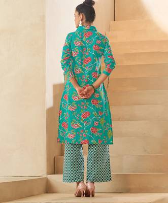 Sky blue floral print pure cotton kurti 2