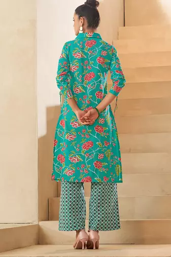 Sky blue floral print pure cotton kurti