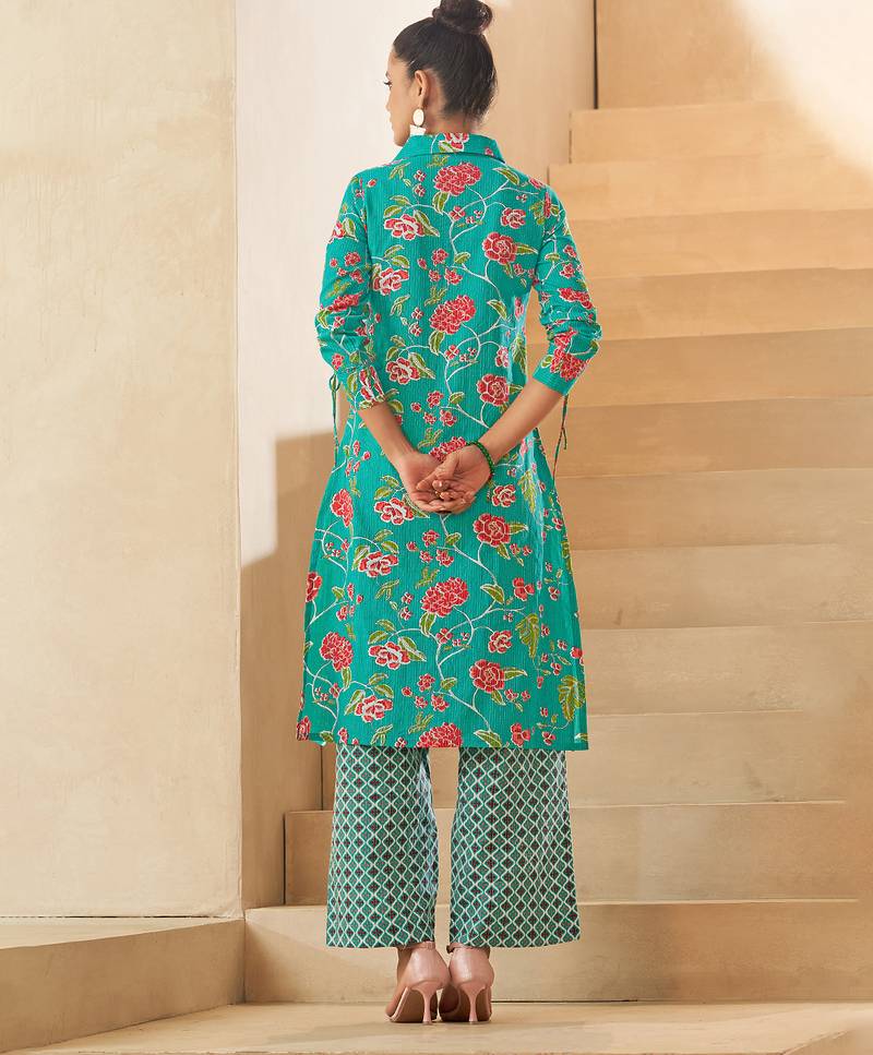 Sky blue floral print pure cotton kurti