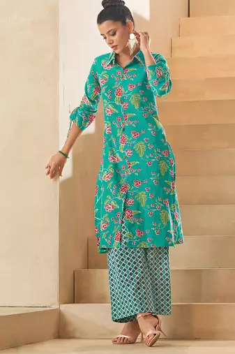 Sky blue floral print pure cotton kurti