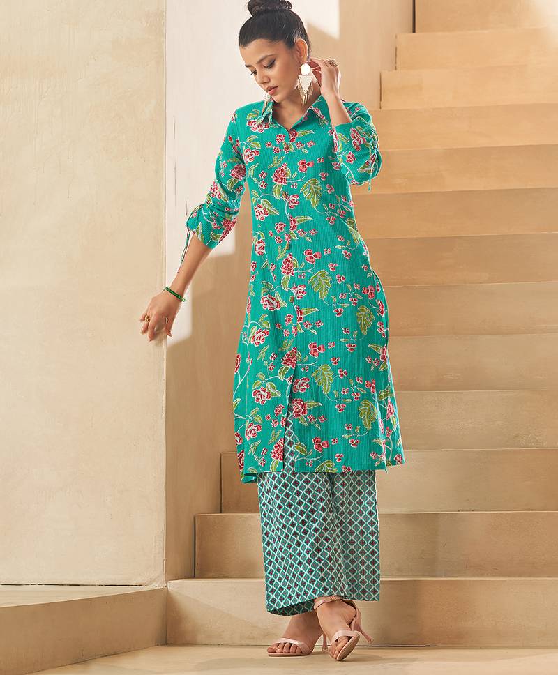 Sky blue floral print pure cotton kurti
