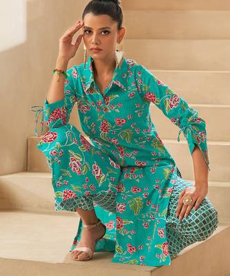 Sky blue floral print pure cotton kurti 4
