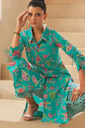 Sky blue floral print pure cotton kurti