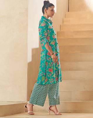 Sky blue floral print pure cotton kurti 5