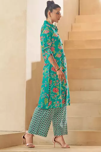 Sky blue floral print pure cotton kurti