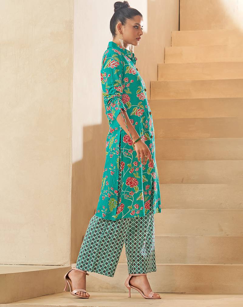 Sky blue floral print pure cotton kurti