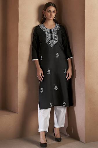 Black chikankari embroidered cotton blend kurti