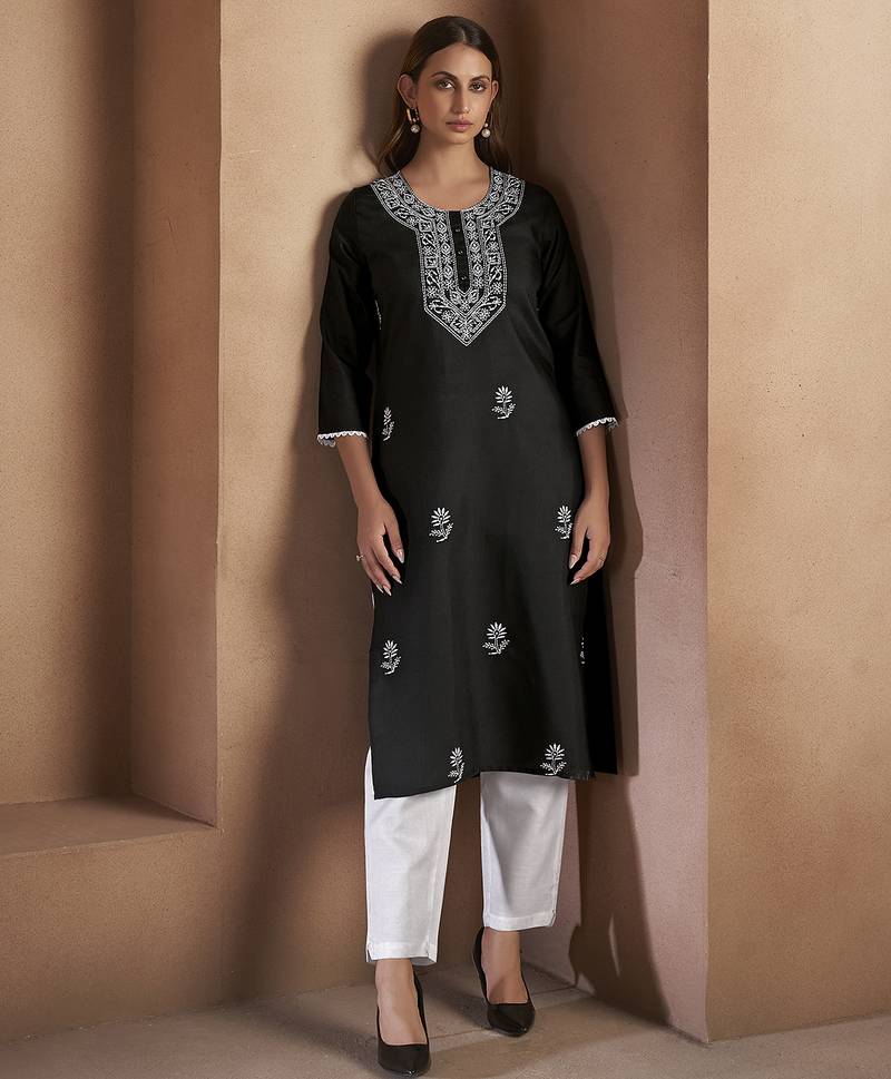 Black chikankari embroidered cotton blend kurti
