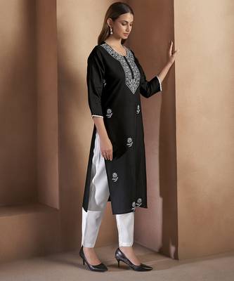 Black chikankari embroidered cotton blend kurti 3