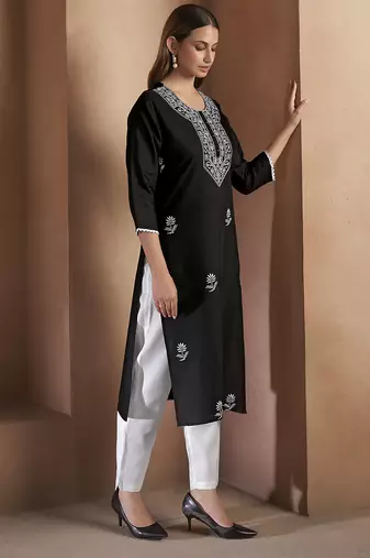 Black chikankari embroidered cotton blend kurti