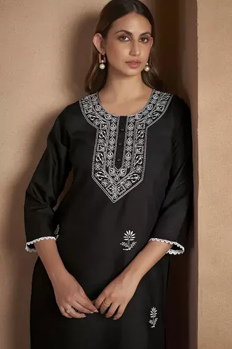 Black chikankari embroidered cotton blend kurti