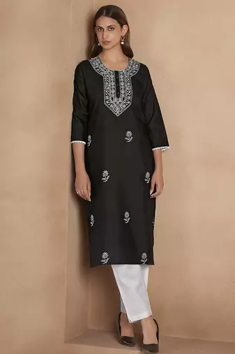 Black chikankari embroidered cotton blend kurti