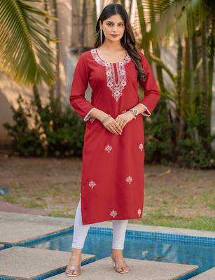 Red chikankari embroidered cotton blend kurti 1