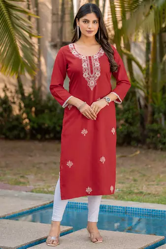 Red chikankari embroidered cotton blend kurti
