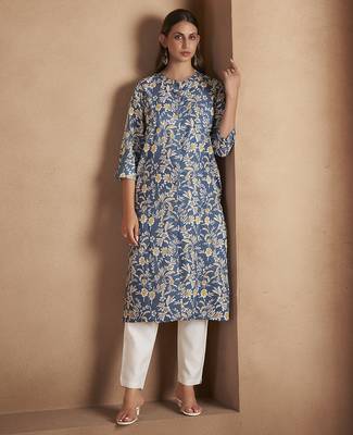 Turquoise floral printed cotton blend kurti 1