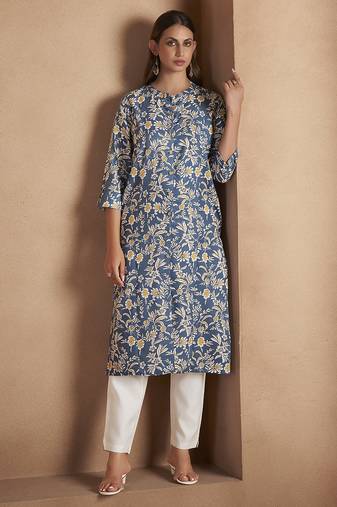 Turquoise floral printed cotton blend kurti
