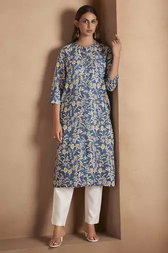 Turquoise floral printed cotton blend kurti