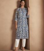 Turquoise floral printed cotton blend kurti