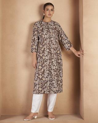 Brown floral printed cotton blend kurti 1
