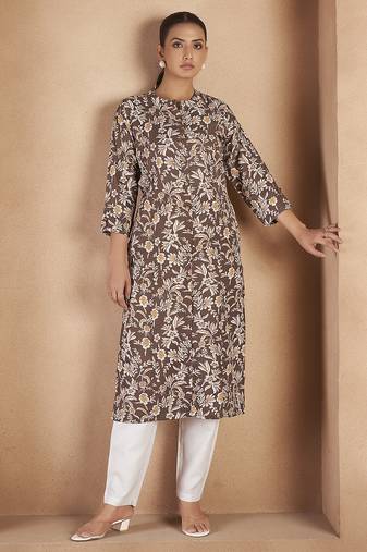 Brown floral printed cotton blend kurti