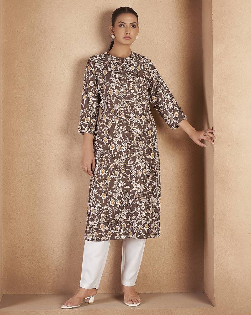 Brown floral printed cotton blend kurti