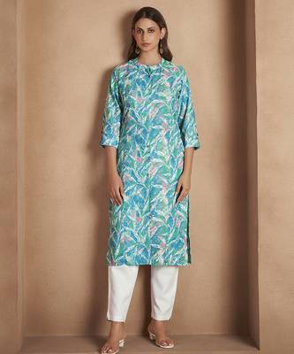 Blue floral printed cotton blend kurti 1