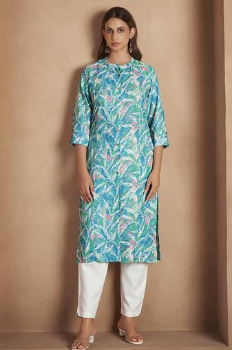 Blue floral printed cotton blend kurti