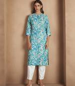 Blue floral printed cotton blend kurti