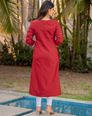 Red chikankari embroidered cotton blend kurti 2