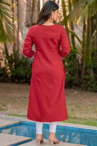 Red chikankari embroidered cotton blend kurti