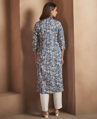 Turquoise floral printed cotton blend kurti 2