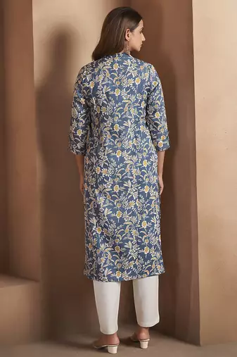 Turquoise floral printed cotton blend kurti