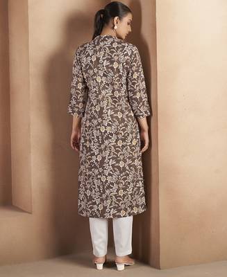 Brown floral printed cotton blend kurti 2