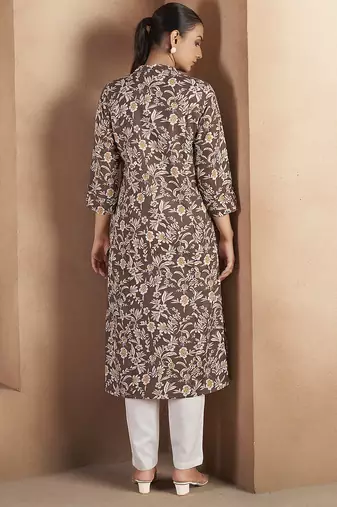 Brown floral printed cotton blend kurti
