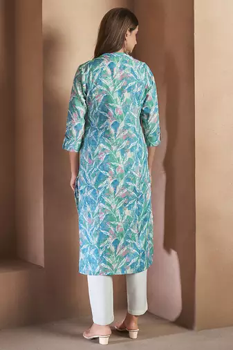 Blue floral printed cotton blend kurti