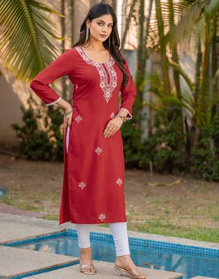 Red chikankari embroidered cotton blend kurti 3