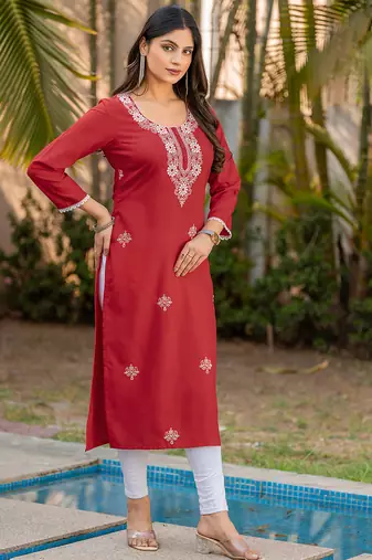 Red chikankari embroidered cotton blend kurti