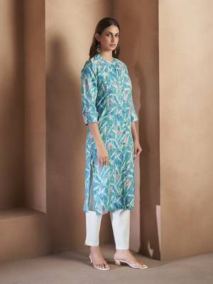 Blue floral printed cotton blend kurti 3