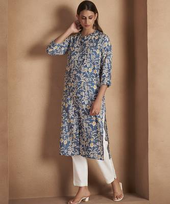 Turquoise floral printed cotton blend kurti 3