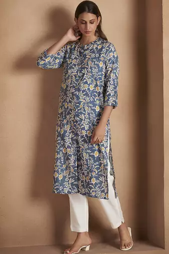 Turquoise floral printed cotton blend kurti
