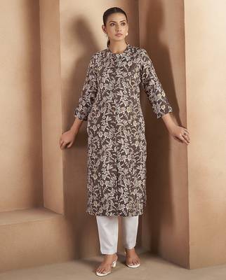 Brown floral printed cotton blend kurti 3