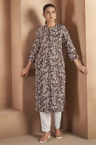 Brown floral printed cotton blend kurti
