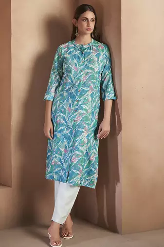 Blue floral printed cotton blend kurti