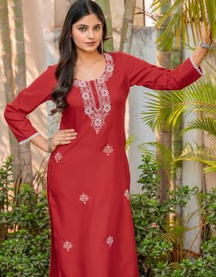 Red chikankari embroidered cotton blend kurti 4