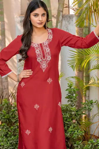 Red chikankari embroidered cotton blend kurti