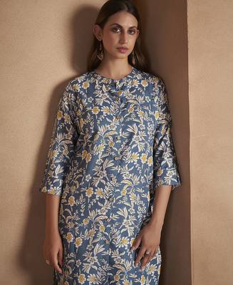 Turquoise floral printed cotton blend kurti 4