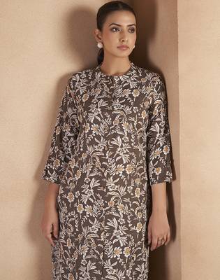 Brown floral printed cotton blend kurti 4