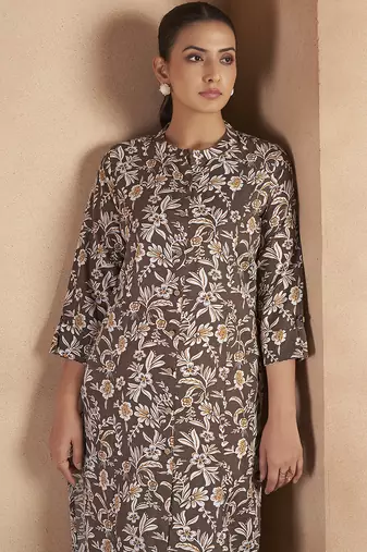 Brown floral printed cotton blend kurti