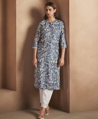Turquoise floral printed cotton blend kurti 5