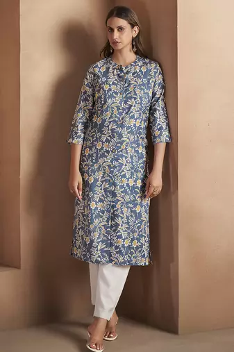Turquoise floral printed cotton blend kurti